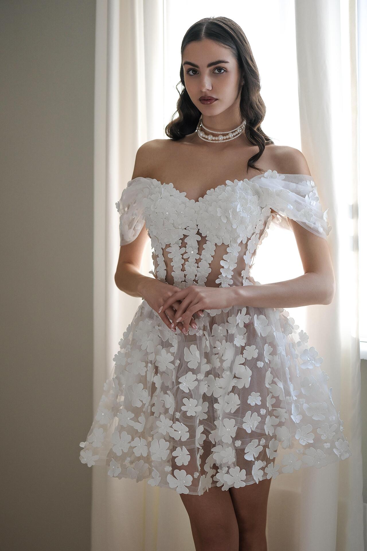 Mini corset dress with sleeves and 3D floral motifs: Floral Fantasy Mini corset dress with sleeves and 3D floral motifs: Floral Fantasy