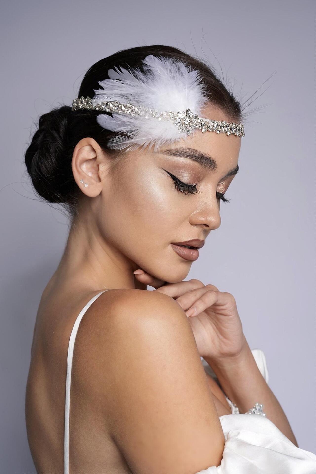 Headband with crystals and feathers