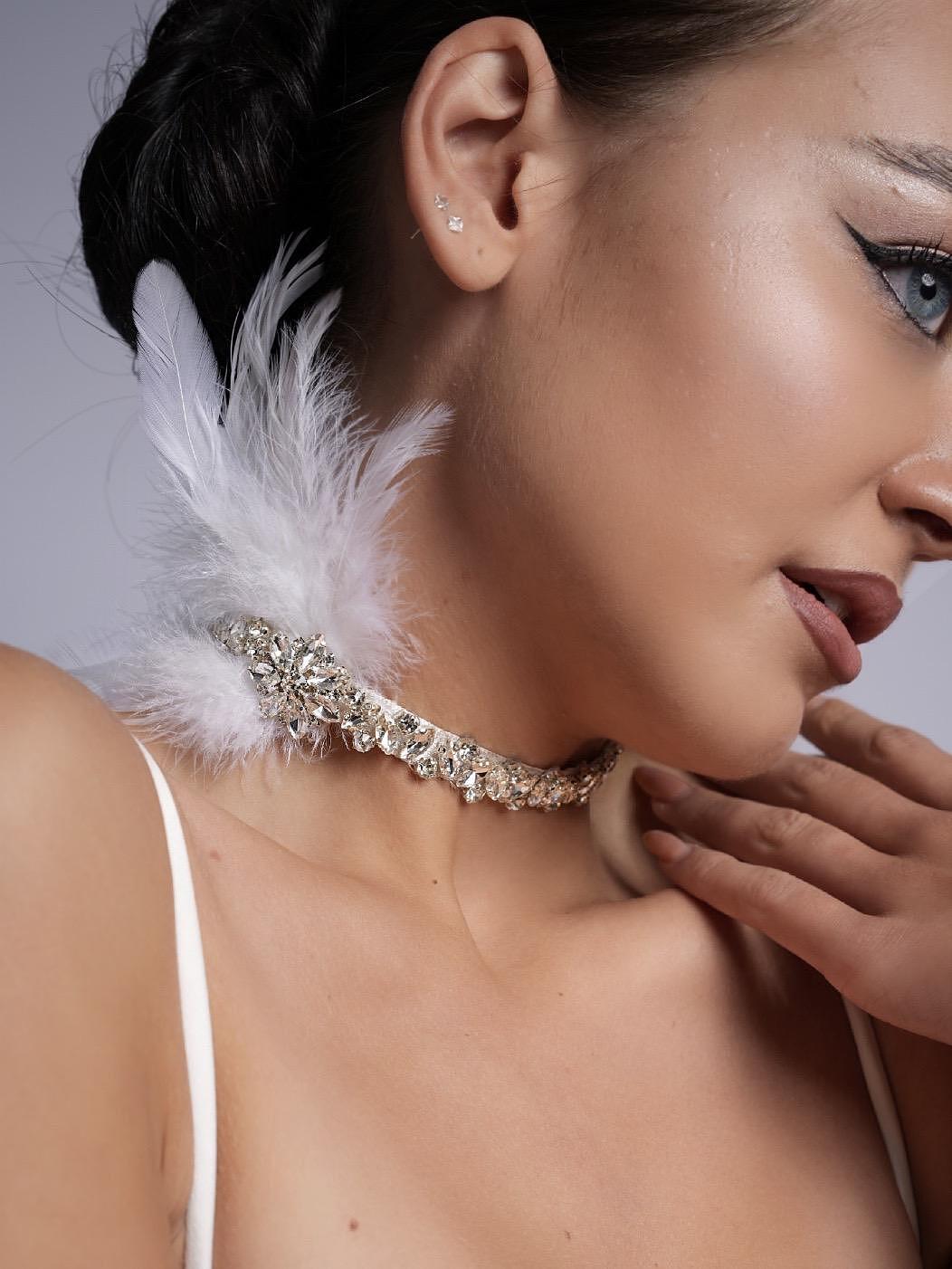 Headband with crystals and feathers