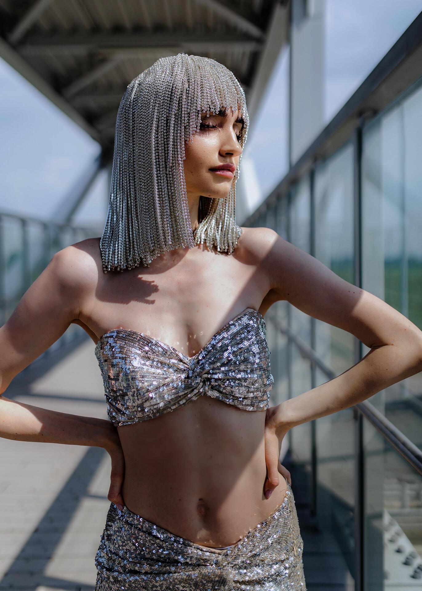 Wig with silver hanging crystals 