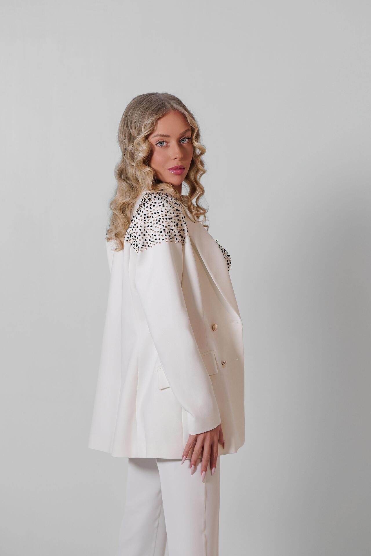 Jacket with hand-stitched crystals in white: Renew 