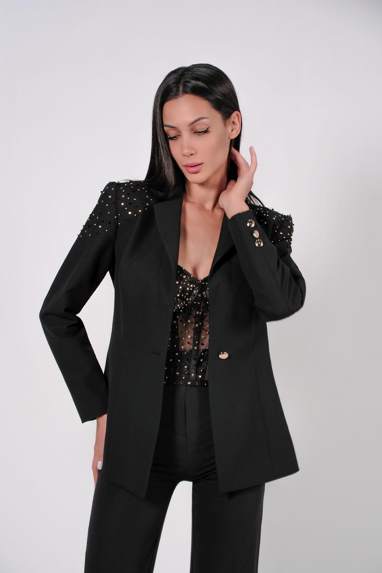 Jacket with hand-stitched crystals in black: Renew 